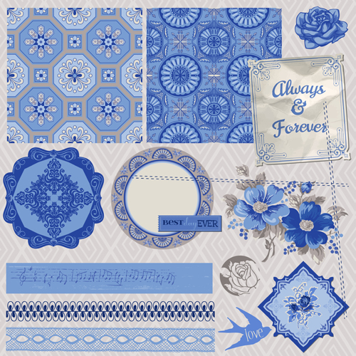 Vintage Postkarte mit blauen Ornamselementen Vektor 03 Postkarte ornament Elemente Blau   