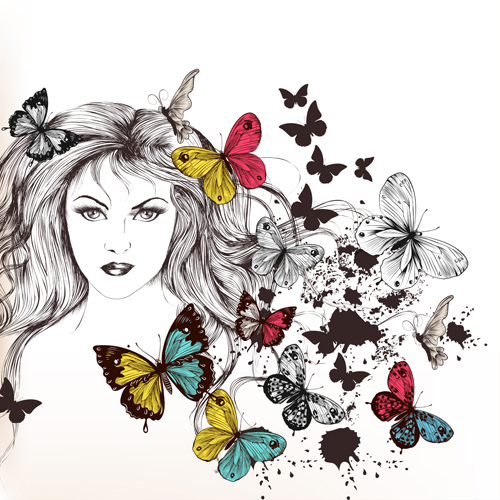 蝶のデザインベクトルと美しい少女 蝶 美しい 女の子   