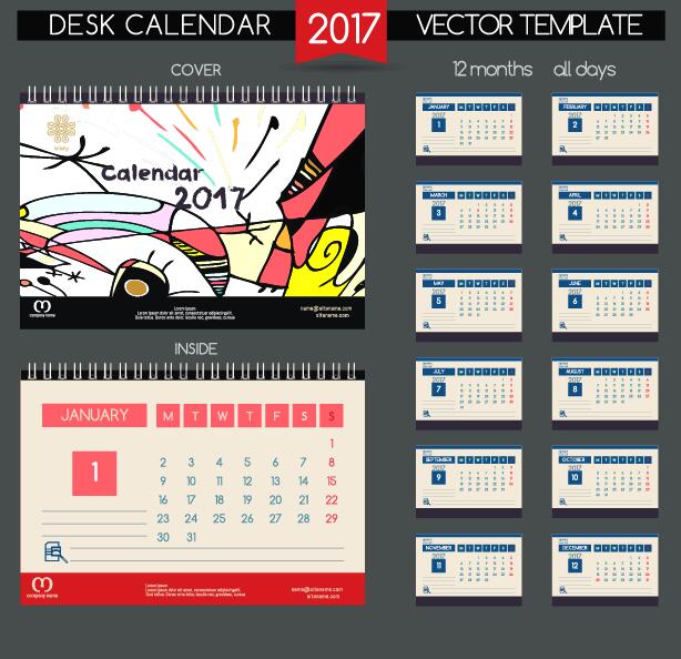 卓上カレンダー2017ベクトルレトロテンプレート01 机 レトロフォント カレンダー 2017   
