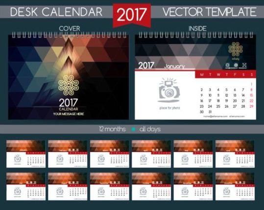 Retro-Schreibkalender 2017 Vektorvorlage 07 Schreibtisch Retro-Schrift Kalender 2017   