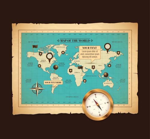 Retro-Weltkarte und Kompass-Vektor Welt Retro-Schrift Kompass Karte   