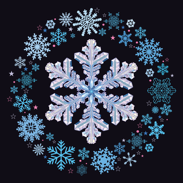 Schneeflockenform mit Schneeimen auf schwarzem Hintergrundvektor 02 Schneeflocken Rahmen   
