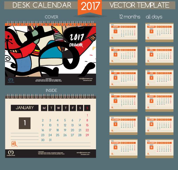 Schreibtischkalender 2017 Vektor Retro-Vorlage 10 Schreibtisch Retro-Schrift Kalender 2017   