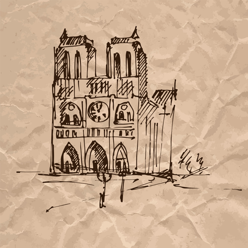 手描きの中世の建物としわの紙ベクトル05 紙 手描き 建物 中世 くしゃくしゃ   