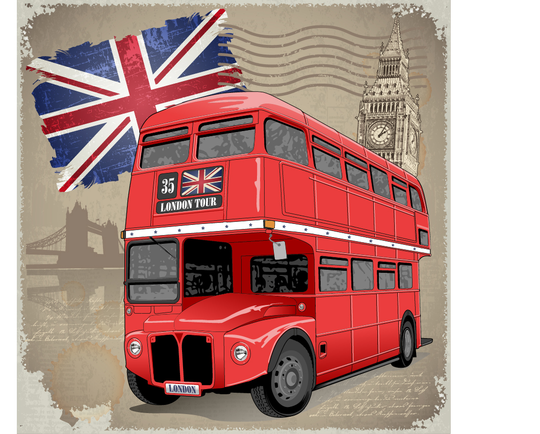 Retro-London-Hintergrund mit rotem Busvektor Retro-Schrift london bus   