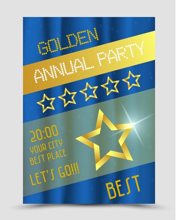 ゴールデンアニュアルパーティーのポスターと星のベクトル 年次 ポスター パーティー ゴールデン   