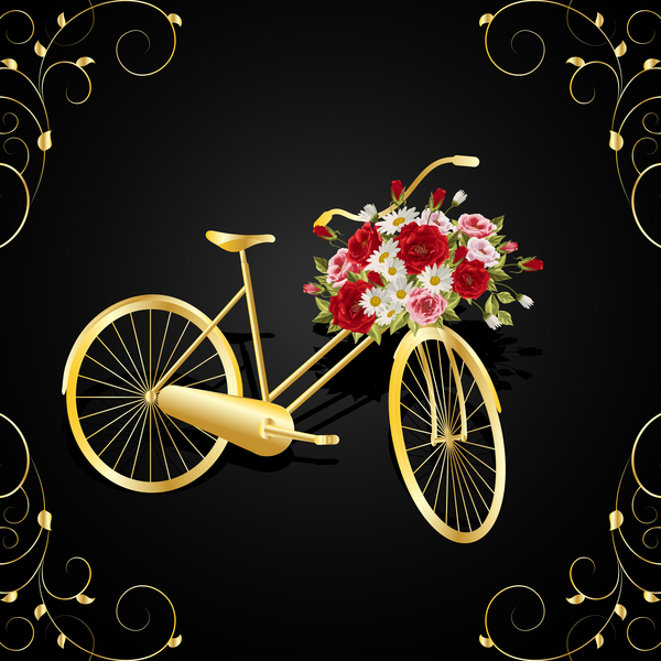 ゴールデン自転車付きフラワーバスケットベクター01 黄金の 花 自転車 バスケット   