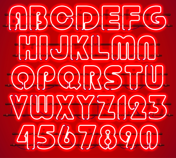 Rotes Neonen-Alphabet mit Zahlen Vektor 01 Zahlen rot neon alphabet   