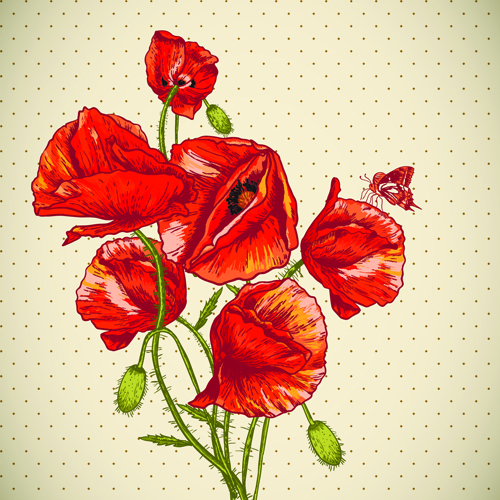 Retro rote Mohn Karten Vektorgrafik 03 Vektorgrafik rot Retro-Schrift Mohn   