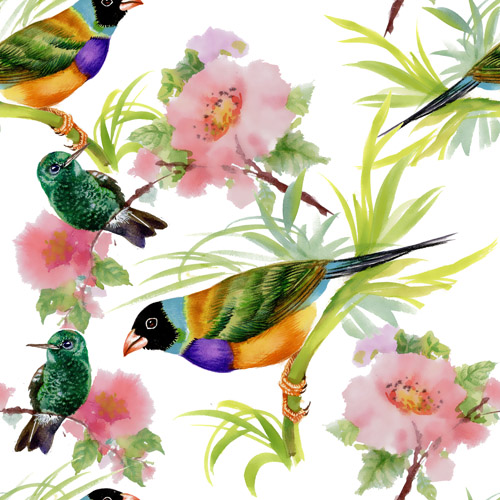 Oiseaux dessinés à l’aquarelle avec des fleurs vecteur Design 01 oiseaux fleurs aquarelle   