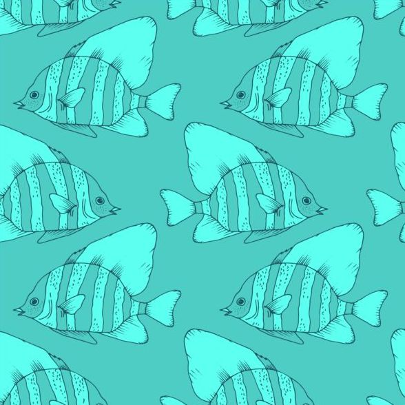 コーラルフィッシュハンド描画ベクトルシームレスパターン10 魚 描画 手 パターン シームレス サンゴ   