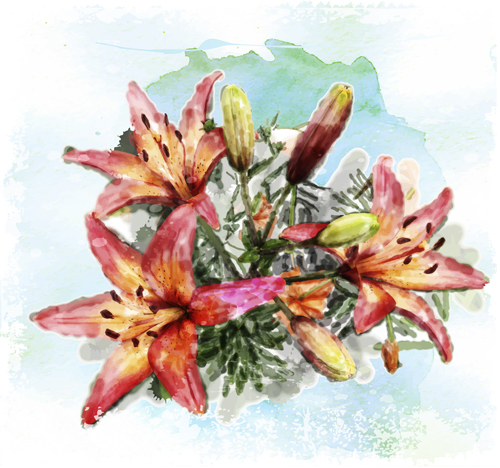 描かれた水彩花アート背景ベクトルセット01 花 背景ベクトル 背景 水彩 描画   