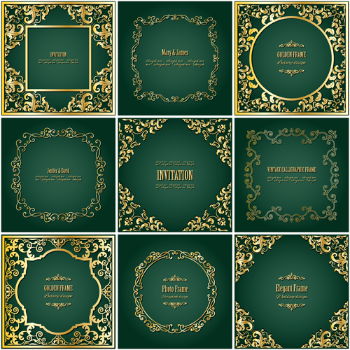 Cadre doré avec carte d’invitation verte vecteur 03 vert or invitation carte cadre   