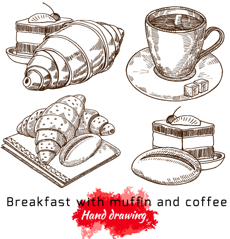 Petit déjeuner de dessin à la main avec le muffin et le vecteur de café petit-déjeuner muffin Dessin à la main cafe   