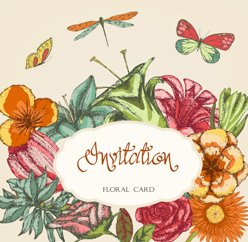 手描き色の花の招待状のカードベクトル03 色付き 招待カード 手描き フローラル   