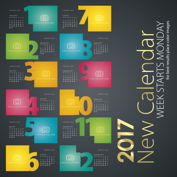 Neuer Kalender 2017 bunte Monatsnummern schwarz gefärbter Vektor Neu Kalender Bunt 2017   
