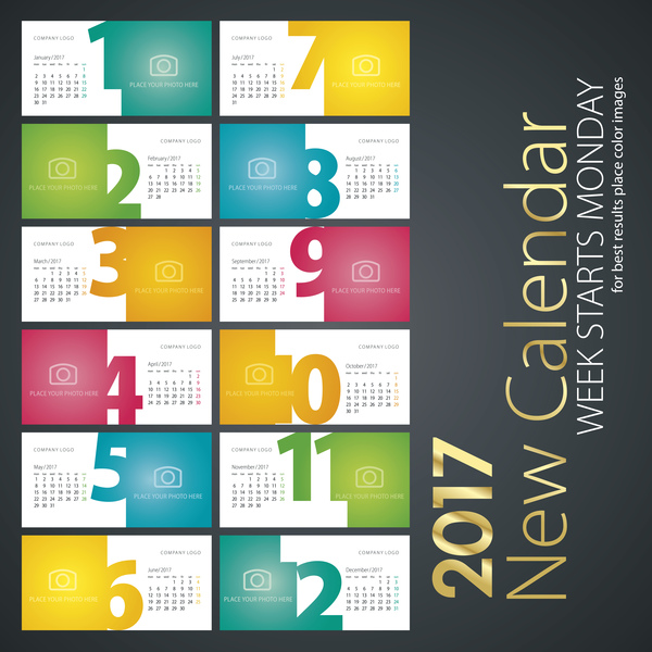 Neuer Kalender 2017 bunt weiß gefärbter Vektor weiß Neu Kalender farbig Bunt 2017   