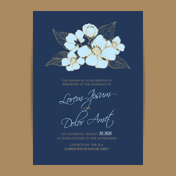 ネイビーブルーの花ベクトルと結婚式の招待状04 青 花 結婚式 海軍 招待状   