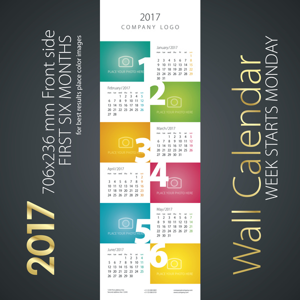 Kalender 2017 erste sechs Monate Farbvektor Monat Kalender Farbe erster 2017   