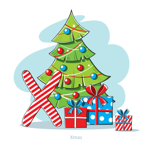 クリスマスツリーベクトルと漫画のクリスマスプレゼント クリスマスツリー クリスマス ギフト   
