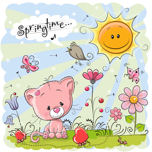 Cartoon Frühlingspostkarten niedlichen Vektor 01 Postkarten Frühling cute cartoon   