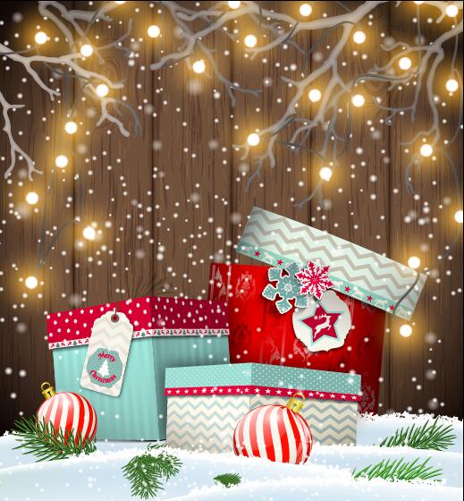 木製と雪の背景ベクトルを持つクリスマスのギフトボックス 雪 木製 ボックス クリスマス ギフト   