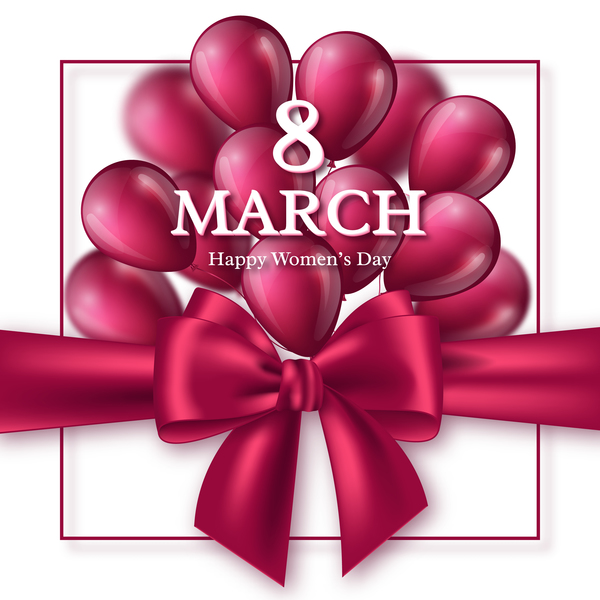 8. März Frauen Tageskarte mit Ballon und Bändchenbogenvektor 02 tag März Karte Frauen Bogen band ballon   