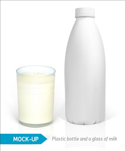 Milchflaschenverpackung mit Glasbecher-Vektoren tasse Paket Milch Glas Flasche   