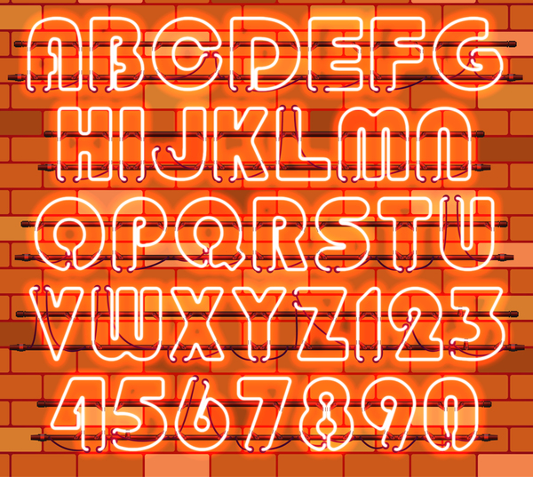 Ornage neonalphabet mit Zahlenvektor ornage Nummern neon alphabet   