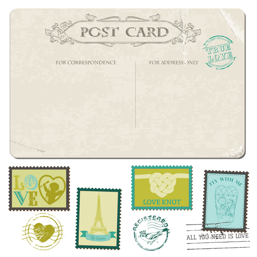Oldtimer-Postkarte mit Briefmarken Vektor 05 vintage Hochzeit Briefmarken   