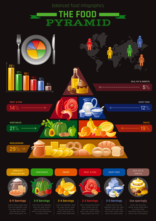 Ausgewogene Lebensmittelpyramide Infografie-Vorlage Vektor 03 Pyramide Lebensmittel Infografik Balanced   