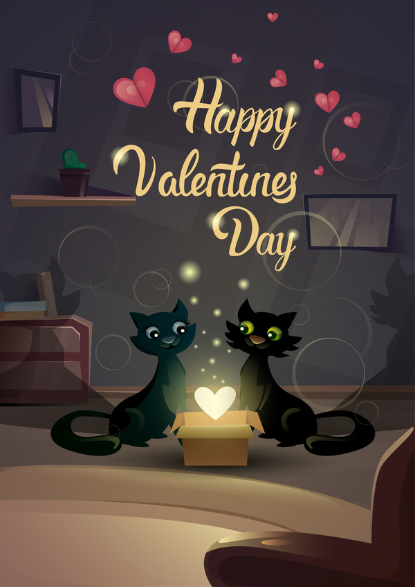 Schwarze Katzenliebe mit Valentinstag Kartenvektor 04 Valentinstag Schwarz Liebe Katze   