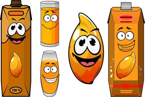 Emballage de style de dessin animé avec le jeu de vecteur de jus 04 packaging jus cartoon   