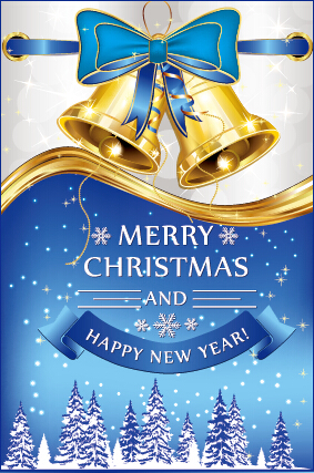 Noël de cloche d’or avec le fond bleu de nouvel an d’arc nouvel an Noël golden Bleu arc   