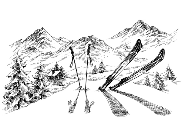 Gebirgslandschaft mit Skiskizze Vektor 03 Skizze ski Landschaft Berge   