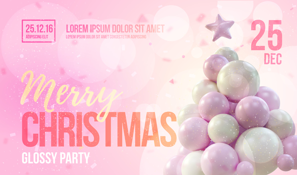 ピンクのクリスマスパーティーチラシテンプレートとバルーンクリスマスツリーベクトル02 Gooloc