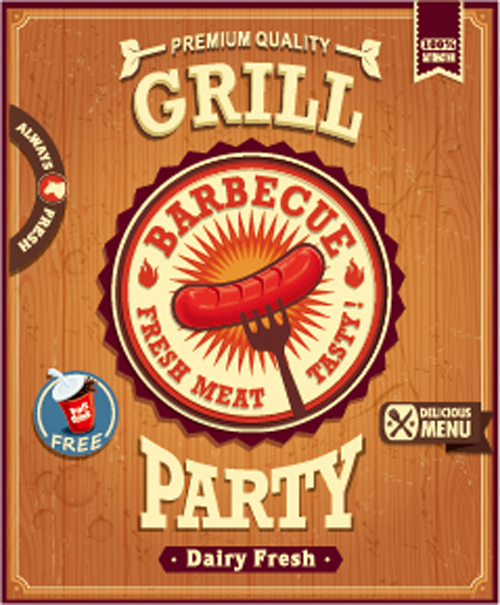 Retro grill Party Plakat-Vektormaterial 02 Retro-Schrift poster party grill   