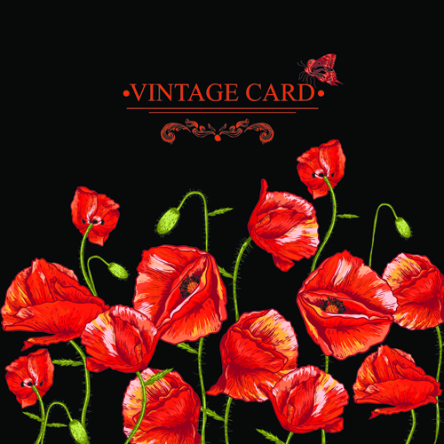 Retro rote Poppies Karten Vektorgrafik 02 Retro-Schrift Mohn Karten   