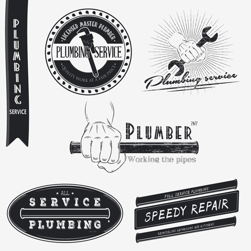 Logos de service de plombier de vecteur avec la conception d’étiquettes 02 service plombier logos étiquettes   