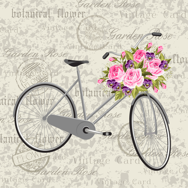 Vintage-Hintergrund mit Fahrrad-und Blumenvektor 01 Jahrgang Fahrrad Blume   