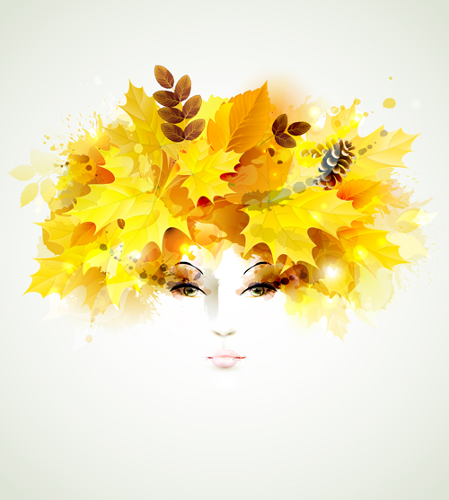 Visage de femmes avec les feuilles d’automne vecteur 02 visage feuilles femmes automne   