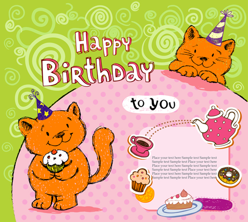 Niedliche Katzen-Geburtstagskarten kreatives Vektormaterial 03 Vektormaterial niedliche Katze Kreativ Karten Geburtstagskarten Geburtstag cute   