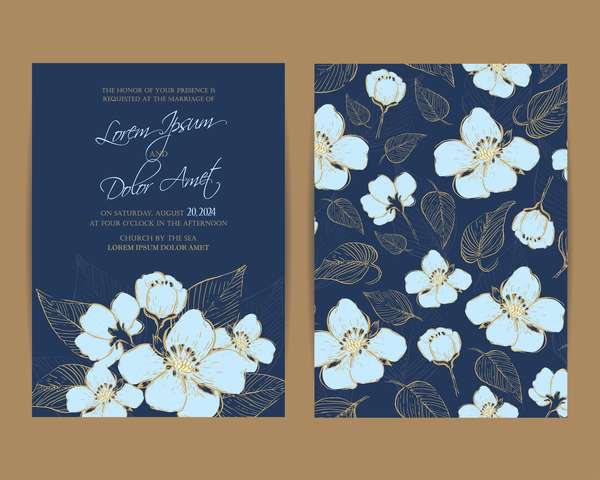 Hochzeits-Einladung mit marineblauen Blumen Vektor 03 marine Hochzeit Einladung Blumen Blau   
