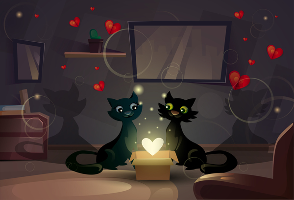 Amour de chat noir avec la Saint-Valentin carte vecteur 03 Noir jour de Valentine chat amour   