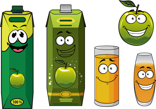 Emballage de style de dessin animé avec le jeu de vecteur de jus 03 packaging jus cartoon   