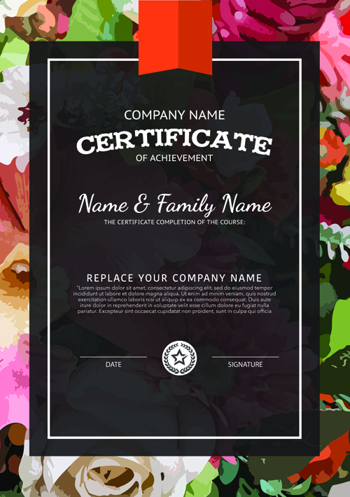 Modèle de certificat avec le matériel vectoriel de fond de fleur 01 modèle de certificat matériel fleur certificat   
