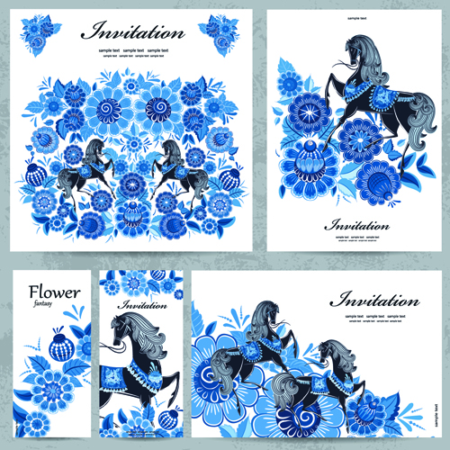 Blauer Blumenstrauß mit Pferdemusterkarten Vektor Pferd Musterkarte Karten floral Blau   