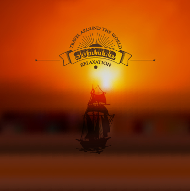 Verschwörter Sonnenuntergang mit Segelboot-Vektor verschwommen Sonnenuntergang Segelboot Hintergrund   