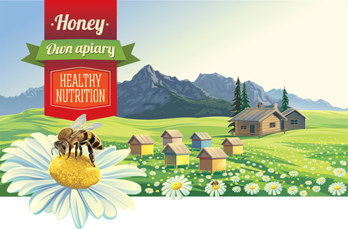 Miel avec le vecteur de paysage de ferme 01 paysage miel ferme   