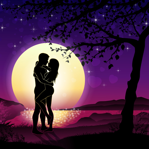 Liebhaber der Silhouette mit Mond-und Baumvektor 06 silhouette Mond Liebhaber   